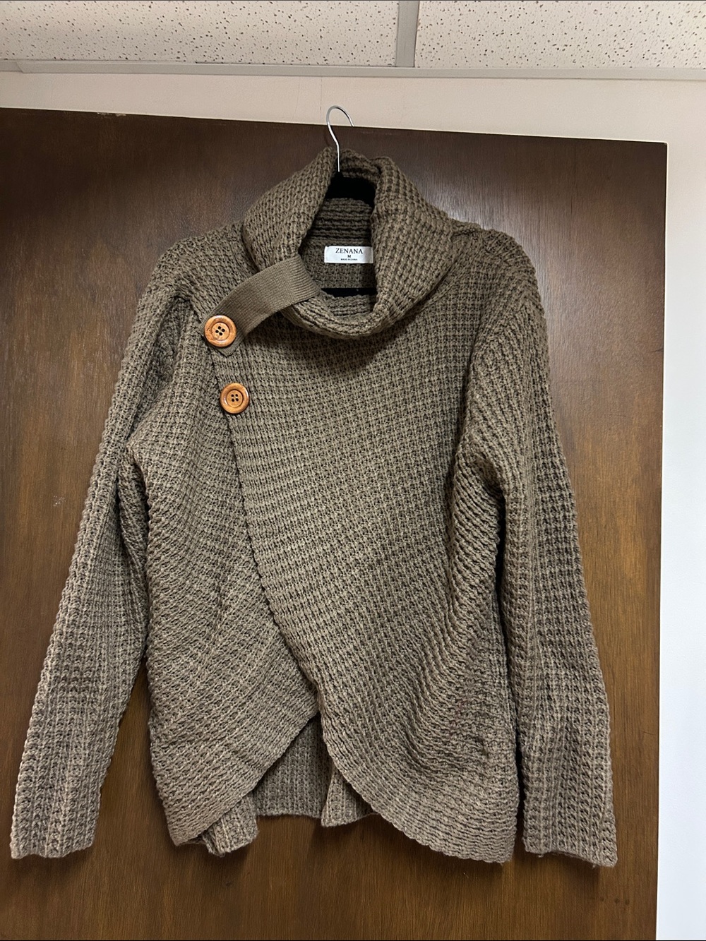 Zenana Taupe Asymmetric Wrap Cardigan with Button Accents